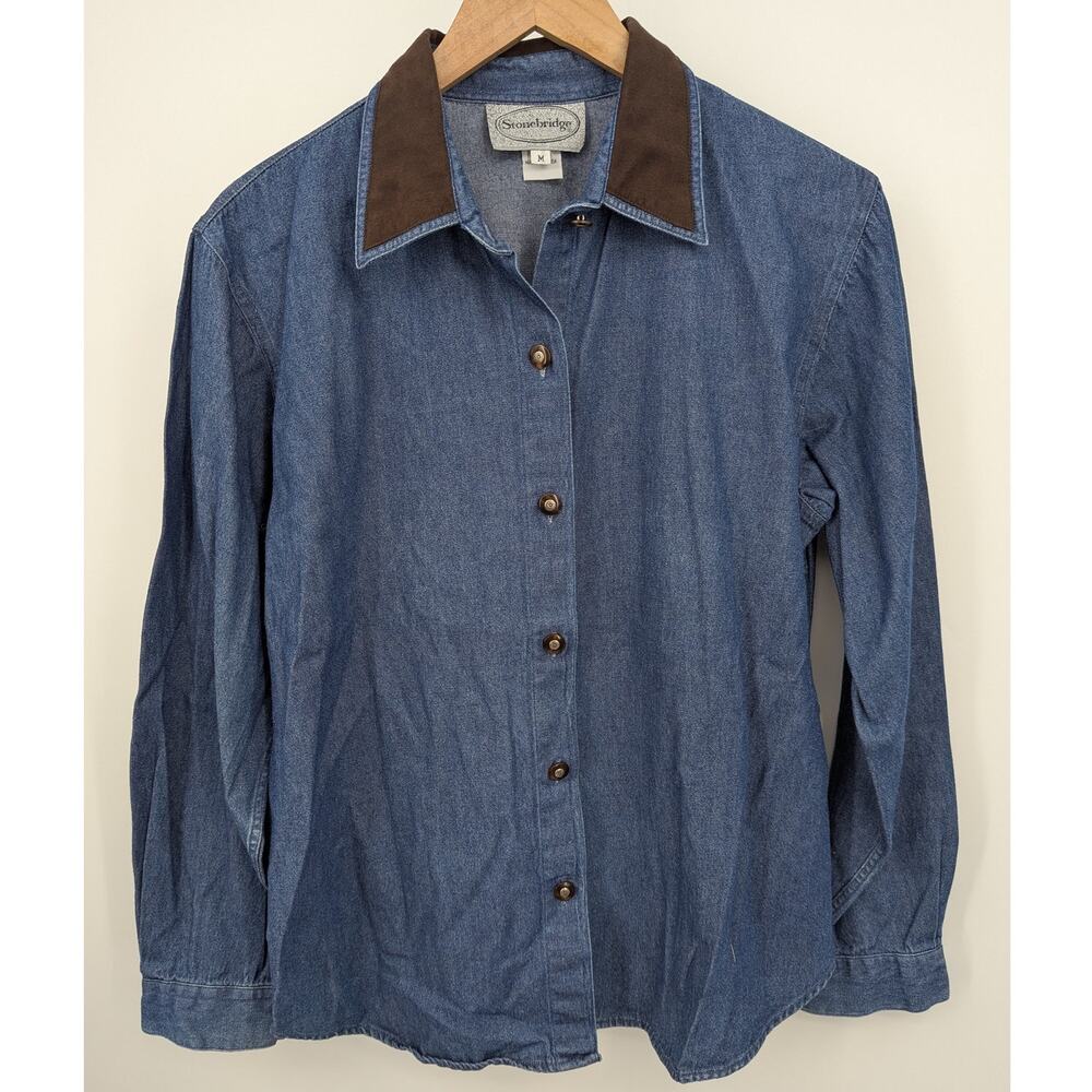 Stonebridge Denim Button Front Shirt Medium 100% Cotton Made in Korea Western